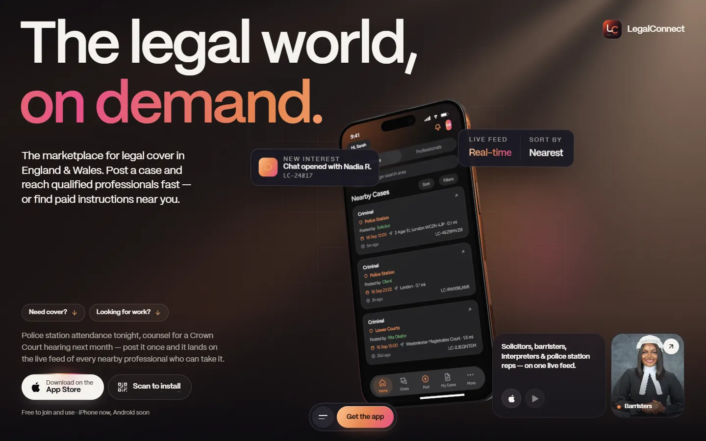 After: the redesigned hero with 'Need cover?' and 'Looking for work?' paths, App Store button and QR code