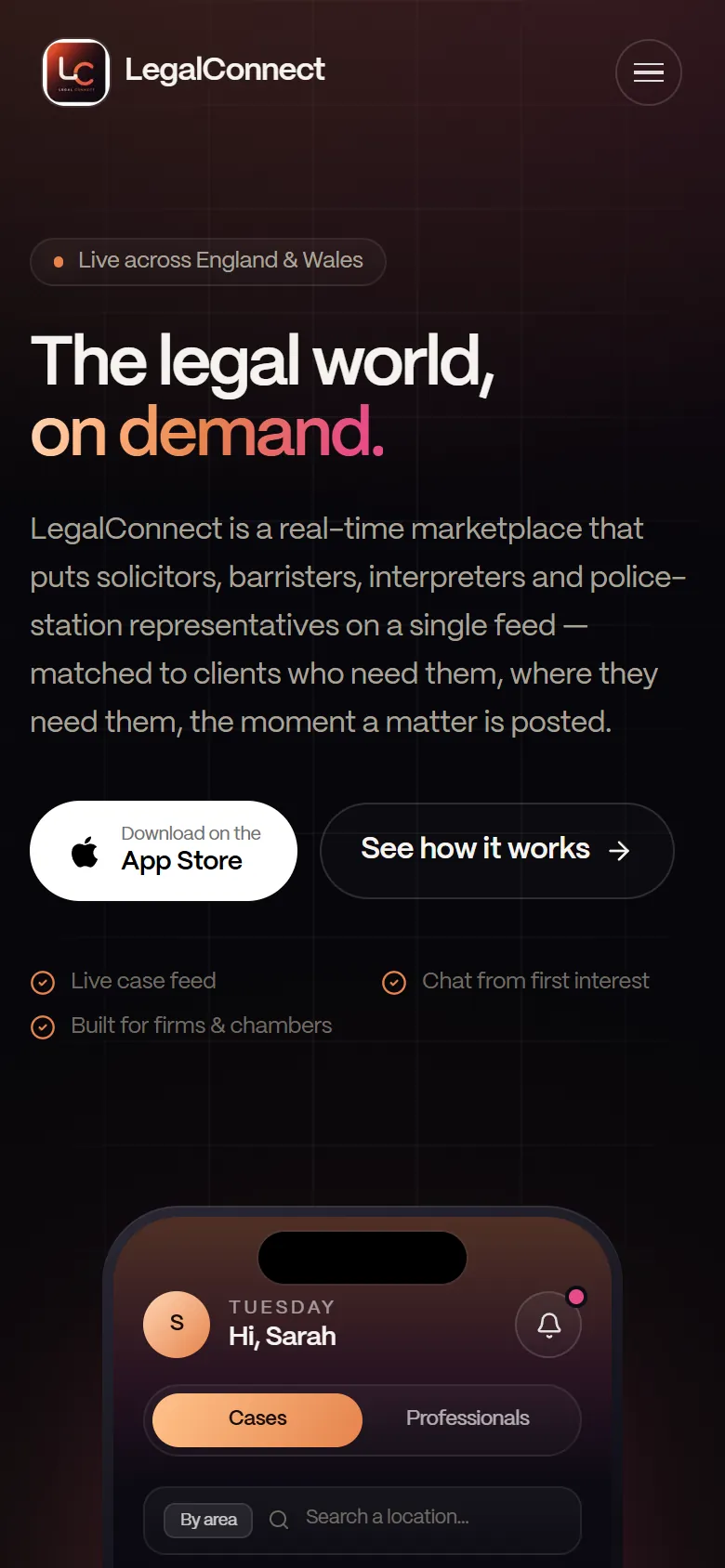 LegalConnect's original homepage on a phone