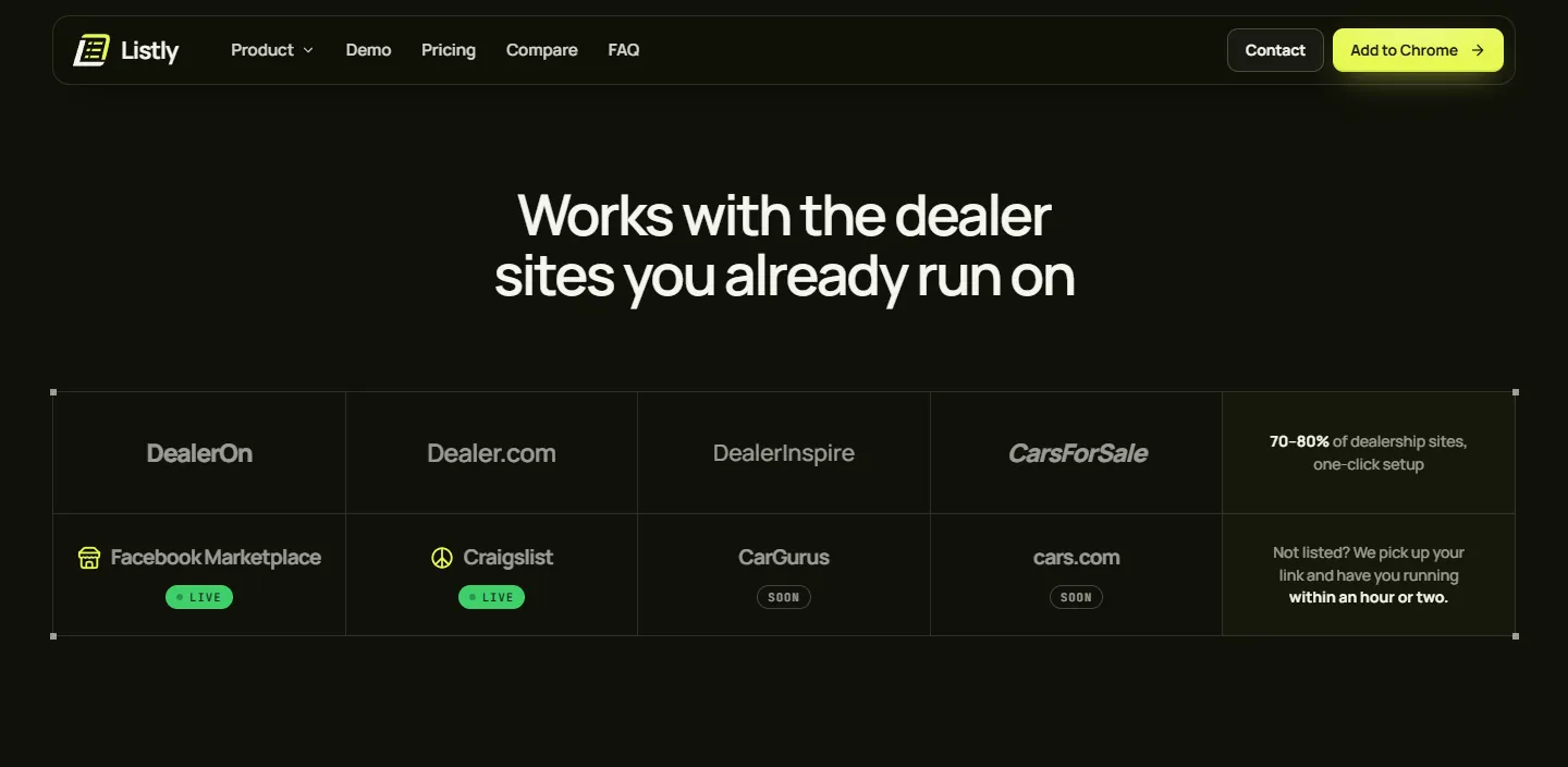 After: 'Works with the dealer sites you already run on' with Live and Soon badges