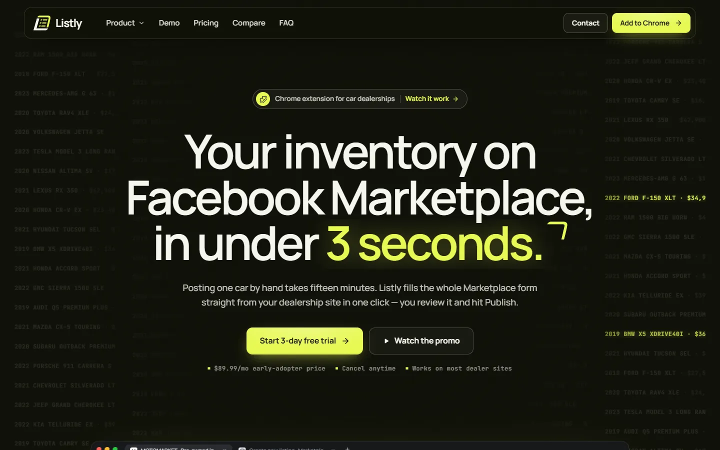 After: a fixed headline, 'Your inventory on Facebook Marketplace, in under 3 seconds', with reassurance under the buttons