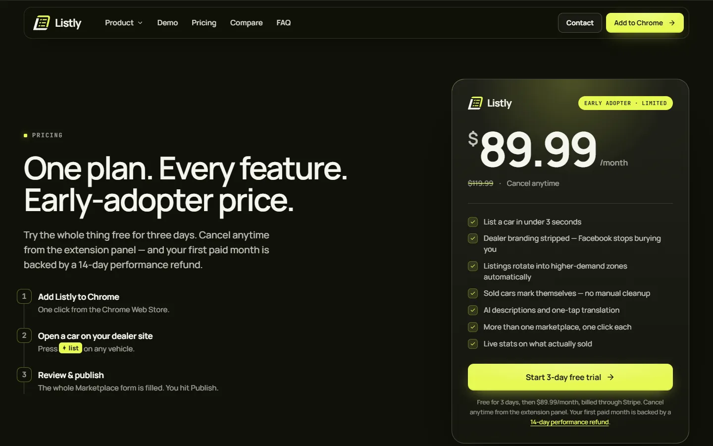 After: 'One plan. Every feature. Early-adopter price.' with onboarding steps and a refund promise