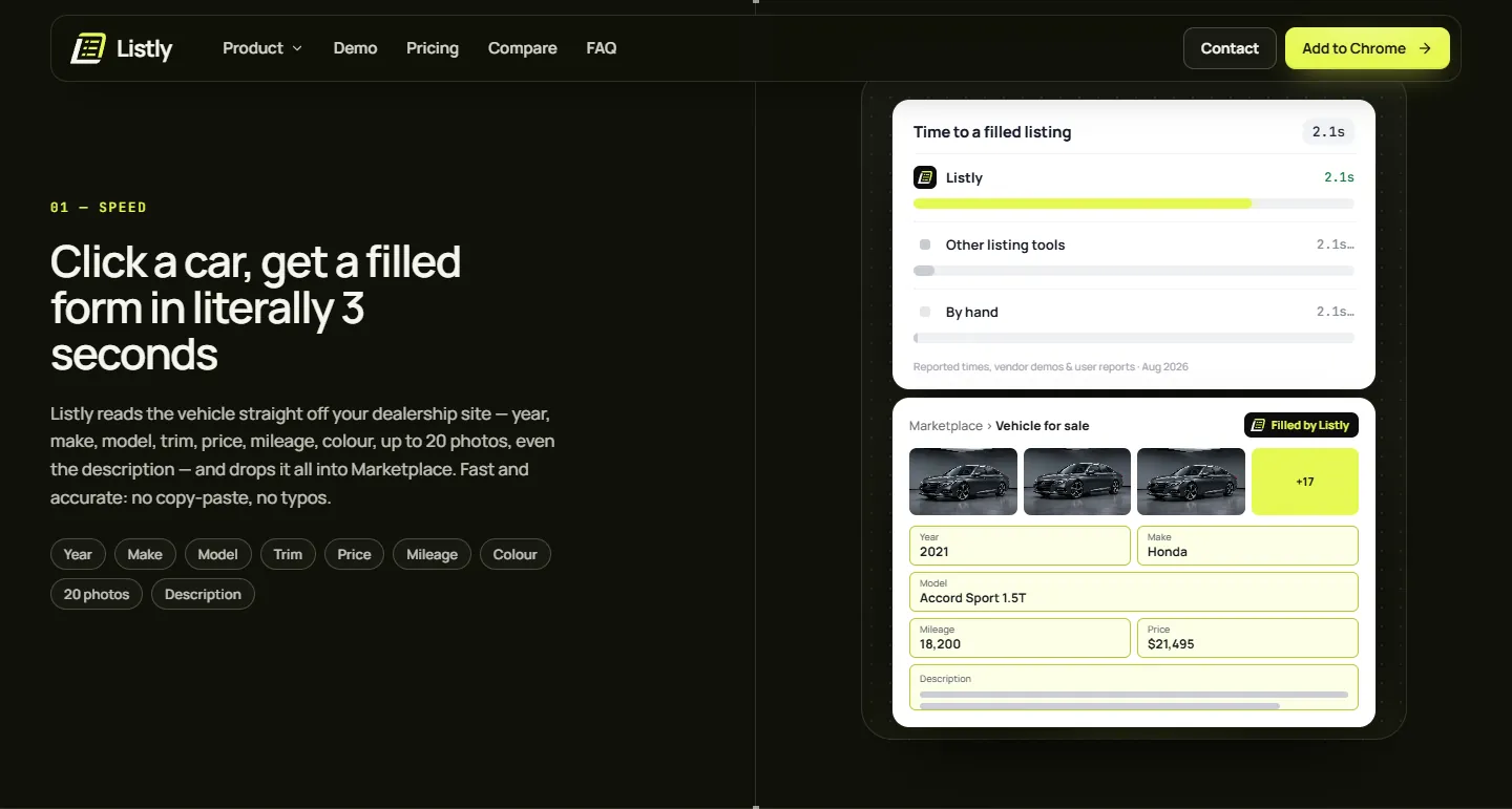 After: 'Click a car, get a filled form in literally 3 seconds' with a time comparison