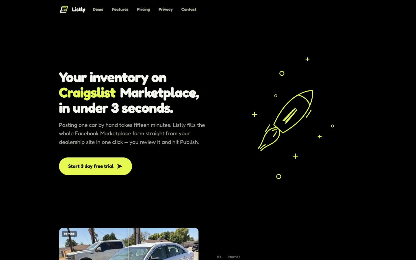Original Listly hero with a rotating headline reading 'Your inventory on Craigslist Marketplace'