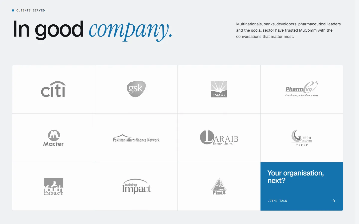 After: 'In good company.' — a named logo wall ending in a 'Your organisation, next?' card