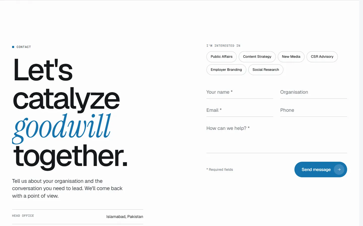 After: 'Let's catalyze goodwill together.' with interest chips and an optional phone field