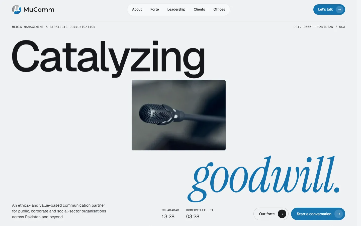 After: the fixed 'Catalyzing goodwill.' headline with live clocks for Islamabad and Romeoville