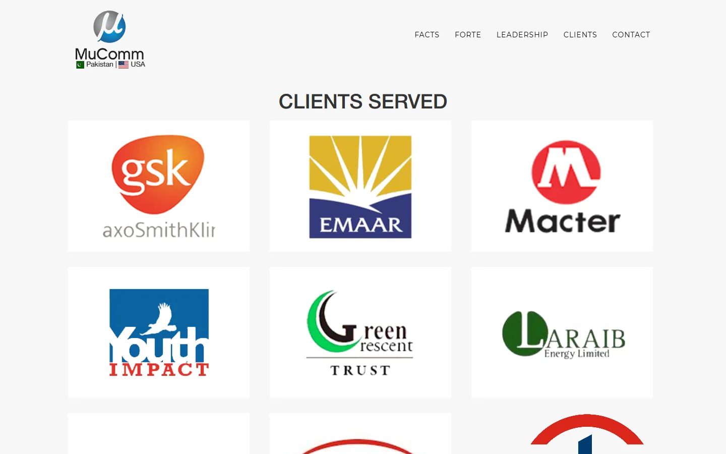 Original 'Clients served' grid of logo images with no names or sectors