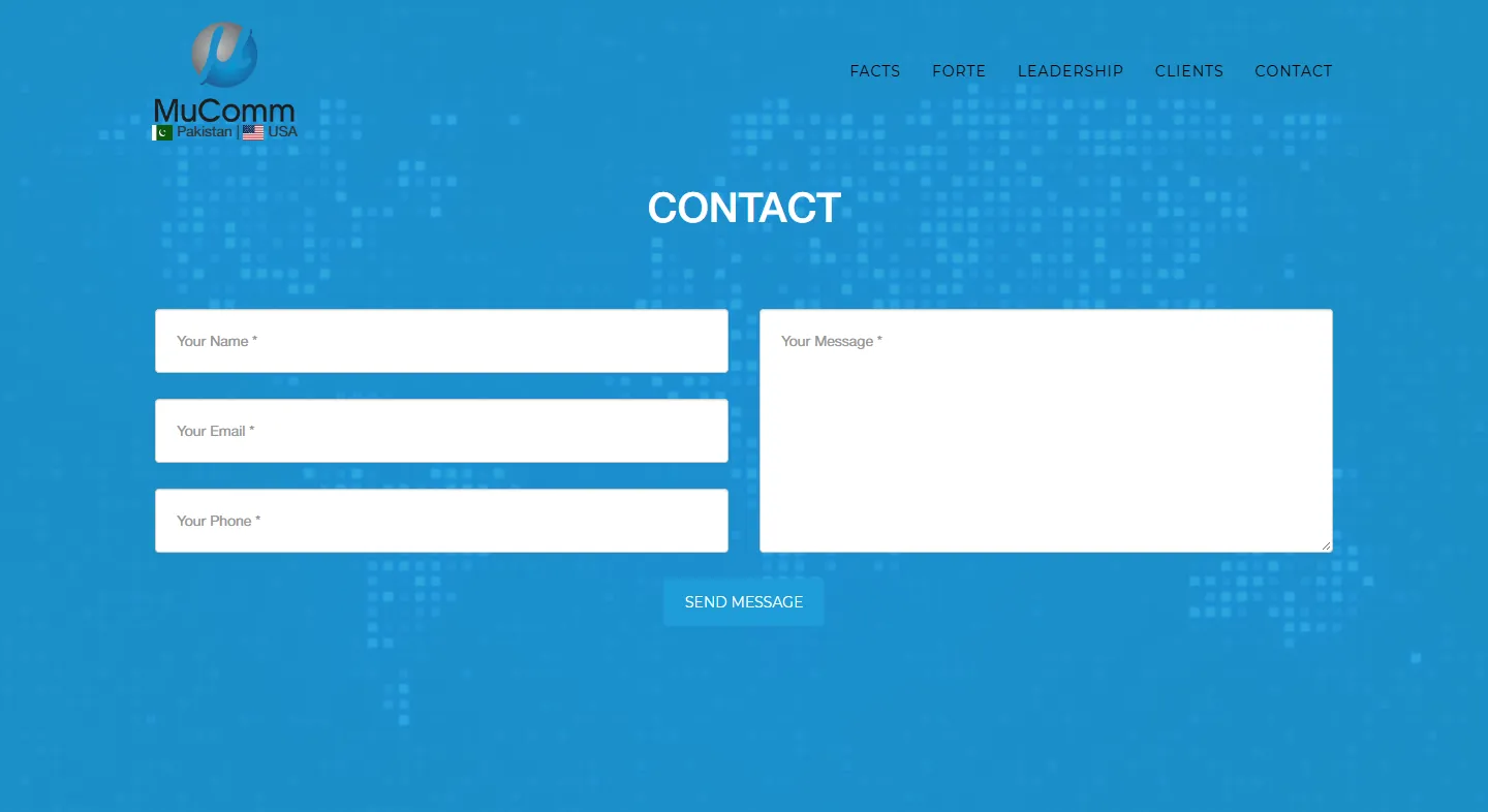 Original contact section: a blue panel with name, email, phone and message fields, all required