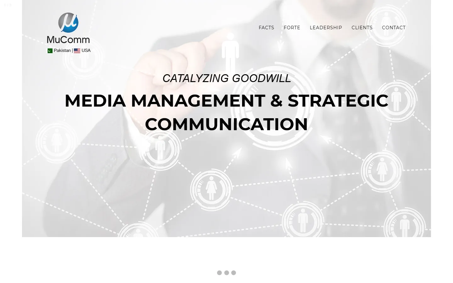 Original MuComm hero: a rotating carousel slide reading 'Catalyzing goodwill' over a stock image, with no headline